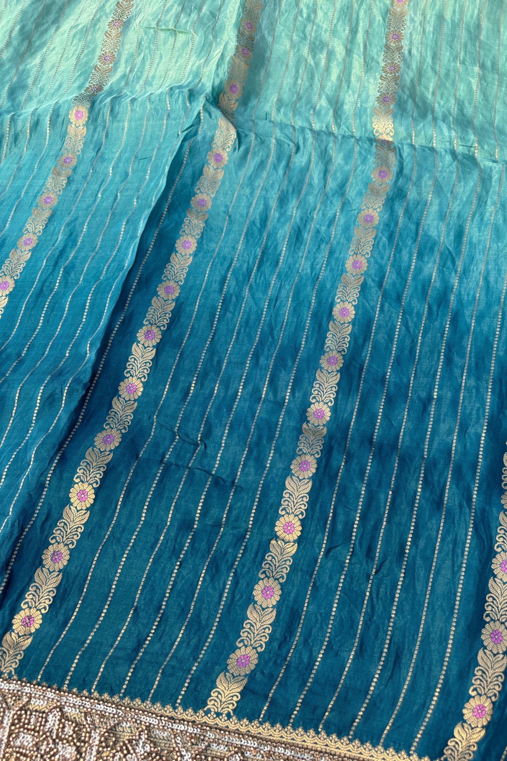 Peacock Green Silk Unstitched Saree Embellished With Moti, Sequins & Cutdana Work
